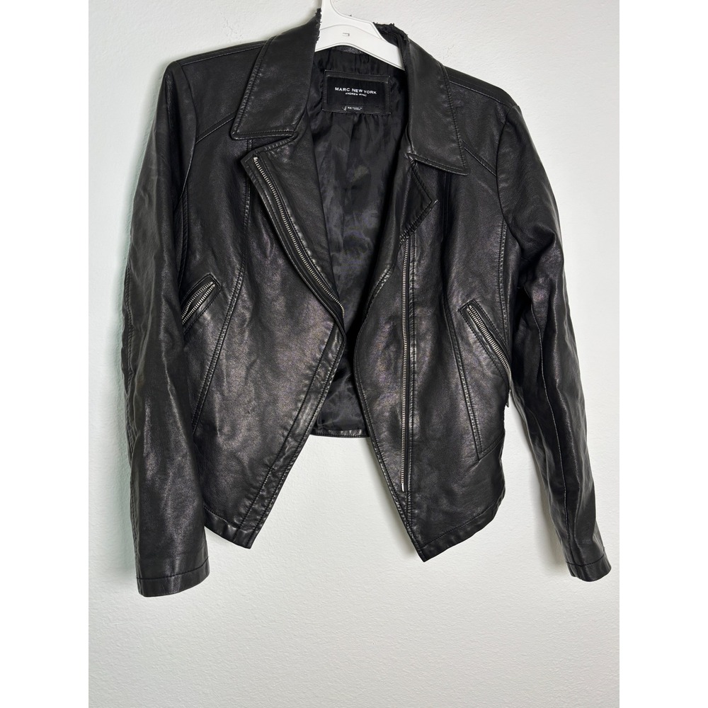 Marc New York Andrew Marc Black Faux Leather Moto Jacket Cropped Womens Size M